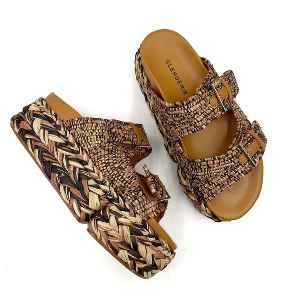 Clergerie Quinie Platform Sandals Brown Raffia Buckle Slides Womens Sz 40.5 / 10